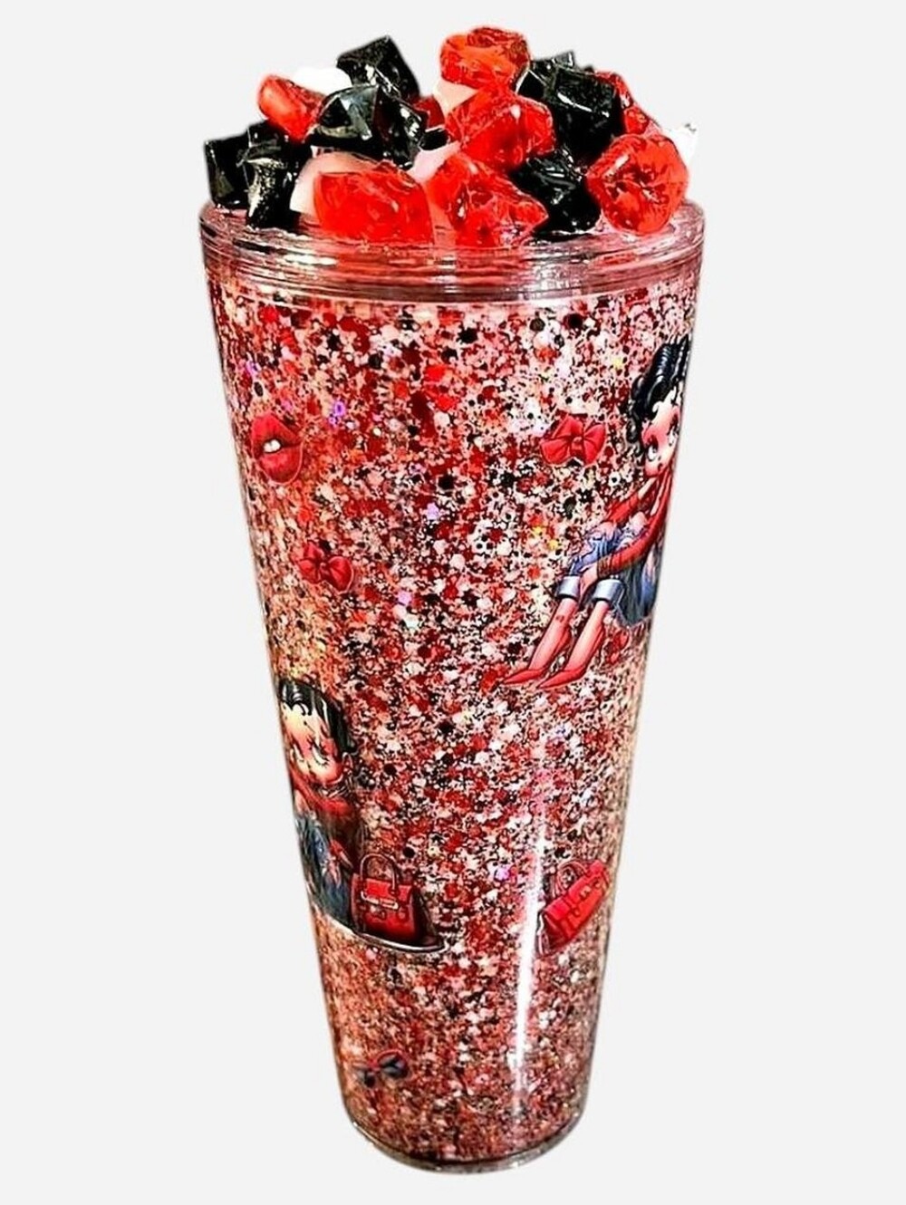 Handcrafted Betty Boop 24oz Glitter Tumbler Red Black Retro TV Collectible - Picture 4 of 5